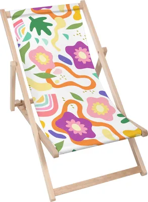 A wooden folding deck chair with a colorful abstract floral pattern.