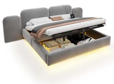 Obrázok produktu pre Celopostelová posteľ s úložným priestorom - 180 x 200 cm - Hydraulický zdvihací mechanizmus - Čalúnená opierka s bočnicami - Stabilná mriežka - Béžová