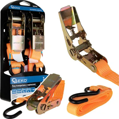 Obrázek produktu pro GEKO Pás upínací ráčnový, s háky, 25 mm × 4 m, 700 kg, sada 2 ks - G03940