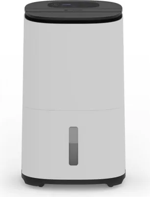 A white dehumidifier with a black top and base, shown against a white background.