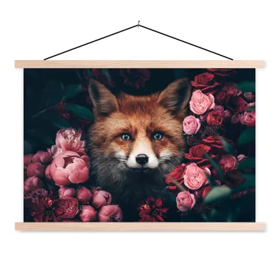Produktbild von MuchoWow® Textilposter Fuchs - Blumen - Tiere 120x80 cm mit holzfarbenen Rahmen - Aufhängeset