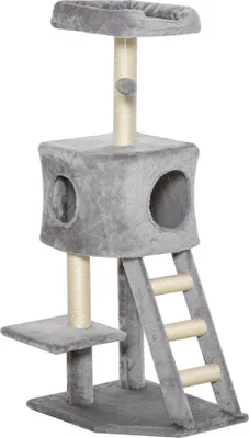 Produktbild von PawHut Kratzbaum mit Katzenhöhle Leiter Katzenbaum Kletterbaum für Katzen Mehrstufiges Multiaktivitätszentrum E1 MDF Sisal Hellgrau 60 x 48 x 122 cm