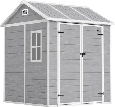Produktbild von Gartenhaus aus Kunststoff, Gartenschuppen mit Fenster und verschließbarer Tür, Grau, Wetterfest und Sicher