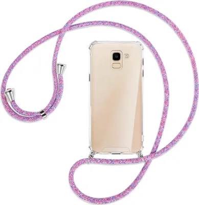 Produktbild von Handykette Backcover-Schutzhülle mit Band (Metall silberfarben) für Samsung Galaxy J6 2018 - lila/rosa/blau