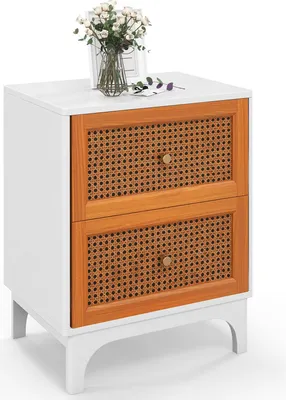 Produktbild von Rattan-Nachttisch mit Stauraum, Beistelltisch im Boho-Stil mit 2 Schubladen, stylischer Akzenttisch mit Massivholzbeinen für Schlafzimmer