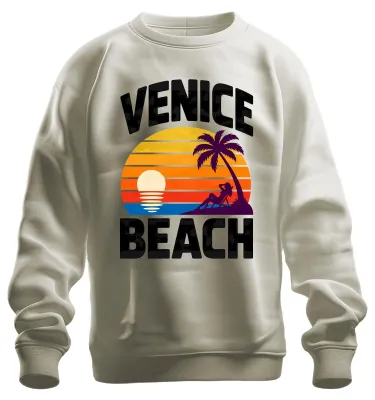 Imagen del producto de Sudadera con cuello redondo, estilo retro, con motivos de Venice Beach, California, atardecer, palmeras, Los Ángeles, Estados Unidos. Color: Natural. Talla: 3XL