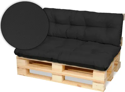 A black cushion set for a pallet sofa, shown on a wooden pallet.
