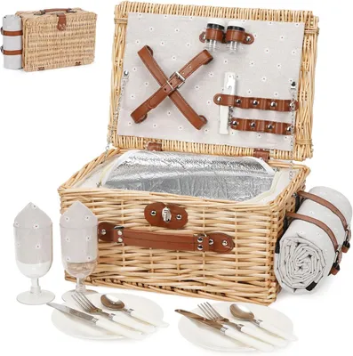 Produktbild von Picknickkorb 2 Personen, für Camping, Weidenkorb mit Kühlfach, Besteckset, Servietten, Teller, Gläser