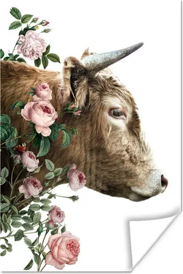 Produktbild von MuchoWow® Poster Schottisches Hochlandrind - Blumen - Rosa 60x90 cm - Wanddekoration