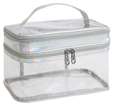 Produktbild von Doppelt transparente Kosmetiktasche aus PVC, wasserdichte Kosmetikaufbewahrungstasche, tragbare Waschtasche