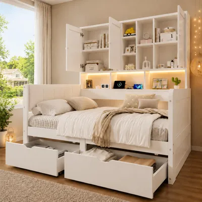 Obrázek produktu pro Dětská postel Merax 90x200 cm s úložným prostorem, multifunkční postel s LED osvětlením ovládaným aplikací, USB a USB-C porty, zásuvkami, policemi a skříňkami, čelo zPolyuretanmateriálu, multifunkční postel, bílá barva, Obrázek vytvořený pomocí AI