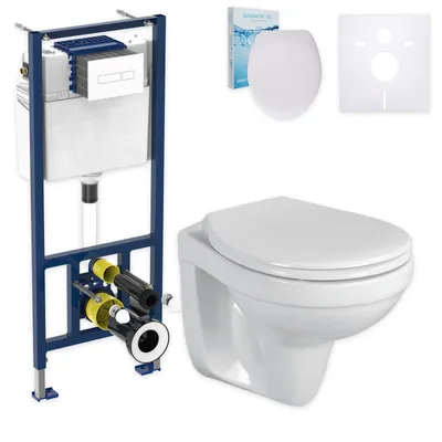 Produktbild von Sanicomfort Wand-WC-Set, spülrandlos, eckig, mit Vorwandelement, Schallschutz-Set und Betätigungsplatte, Weiß, B 450 mm, T 135-285 mm, H 1120-1320 mm (höhenverstellbar), 1/2 Zoll Anschluss