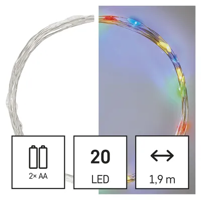 Imagen del producto de Cadena de luces LED navideñas, 1,9 metros, 2 pilas AA, para uso interior, multicolor, con temporizador, modelo D3AM04