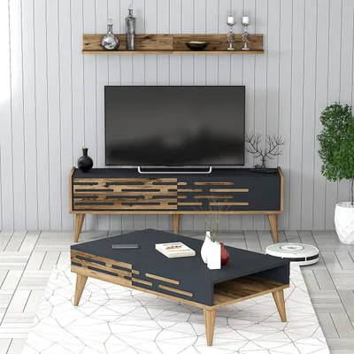 Produktbild von Skye Decor, Valensiya 140 - Walnut, Anthracite, Wohnzimmermöbel-Set, Nussbaum, 100 % MELAMINBESCHICHTETE SPANPLATTEN, 140 x 45 x 35 cm