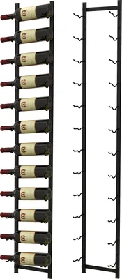 Two black metal wine racks are shown side-by-side against a white background. The left rack is filled with 12 wine bottles, while the right rack is empty.