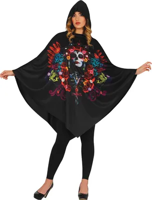 Produktbild von Tag Der Toten Poncho Hoodie Buntes Design Halloween Kostüm Blumenkranz Motiv Kapuze Festival Stimmung Bekleidung Event, Größe: 42 - 44 (L) Farbe: Schwarz