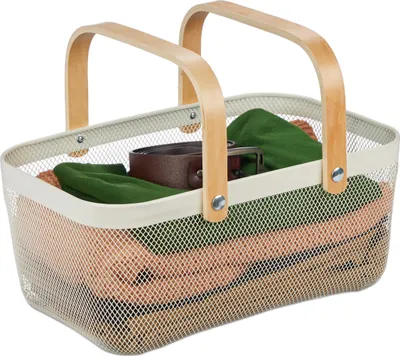 Produktbild von Relaxdays Drahtkorb mit Henkel, eckig, Aufbewahrungskorb Metall & Holz, Utensilienkorb für Küche, Bad, Wohnzimmer, weiß