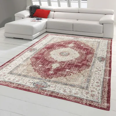 Produktbild von Klassisch orientalischer Teppich mit schönen Pflanzen Verzierungen & Blumen Ornamenten in rot creme beige gold Größe - 140 x 200 cm