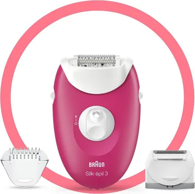A pink Braun Silk-épil 3 epilator is shown with two attachments.