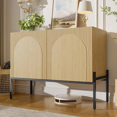 Immagine prodotto di Mobile contenitore laterale Merax con 2 ante, credenza con gambe in metallo, mobile buffet con design ad arco, armadio contenitore per soggiorno, sala da pranzo o ingresso, finitura naturale