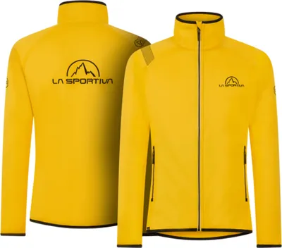 Gelber Fleece-Pullover von La Sportiva mit Reißverschluss und Logo auf der Brust.