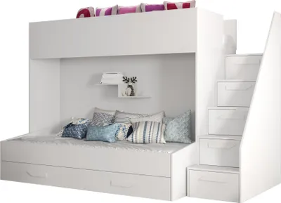 Produktbild von Etagenbett für Kinder Party 16 Stockbett mit Treppe und Bettkasten (Weiß + Weiß Glanz + weiße Griffe)