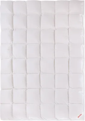 A white down comforter is laid flat, showing its quilted pattern.