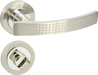 A door handle set and a separate lock mechanism are displayed against a white background.