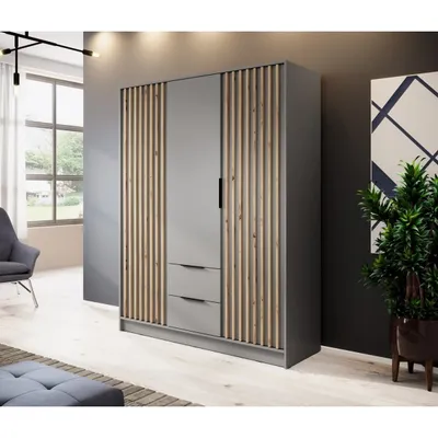 Produktbild von Dreitüriger Kleiderschrank NELA mit Lamellen 155 cm, Grau / grau + Artisan Eiche