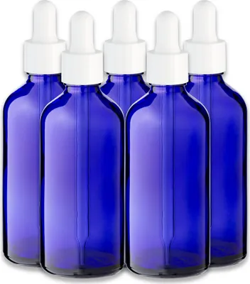 Produktbild von 5x Blaue Glasflasche 100 ml mit weißer Pipette Tropfflasche für Öl Set