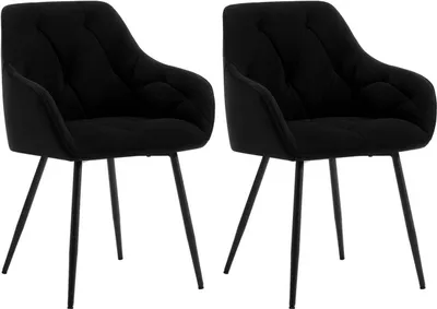 Two black chairs with metal legs on a white background.