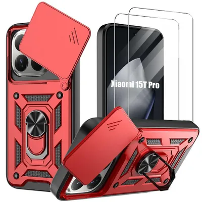 Image de Coque + 2 Verres Trempés pour Xiaomi 15T Pro, Protection Résistante avec Anneau et Cache Caméra Coulissant - Rouge