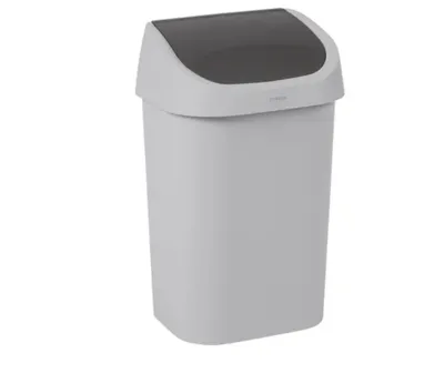 A grey trash can with a black lid, shown against a white background.
