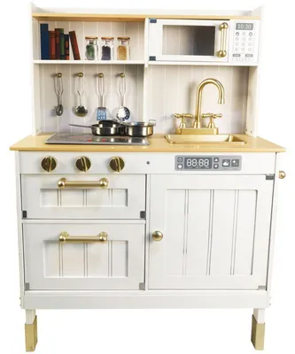Produktbild von 4iQ Große Kinderküche LittleChef aus Holz im Retro-Stil mit Zubehör, Weiß/Gold