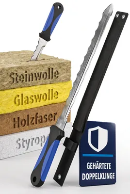 Produktbild von Dämmstoffmesser 28 cm Wellenschliff Isoliermesser mit Nylonscheide 28 cm Wellenschliff schneidet Mineralwolle und Styropor in einem Zug, die Scheide l
