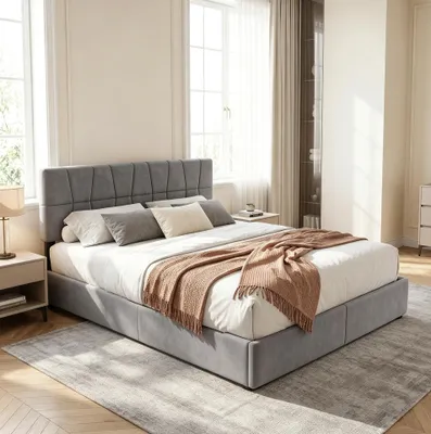 Produktbild von INONEFT Polterbett 160 x 200 cm, Doppelbett mit 4 Schubladen, Polterbett mit Stauraum, Lattenrost und Kopfteil, Samt, Grau
