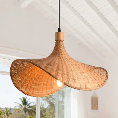 Image de Suspension rectangulaire en bambou, abat-jour en bambou naturel, douille E27, 50 x 40 cm, pour table à manger ou îlot de cuisine (ampoule non fournie)