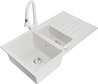 Produktbild von Mexen Matias 1,5-Becken-Granitspüle mit Abtropffläche und Mischbatterie Elia, Weiß - 6502-20-670101-20