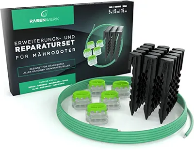 Produktbild von RASENWERK® Begrenzungskabel Reparatur-Set für Mähroboter - 15 Erdnägel - 5 Verbindungsklemmen - 5m Universal Begrenzungskabel für Rasenroboter