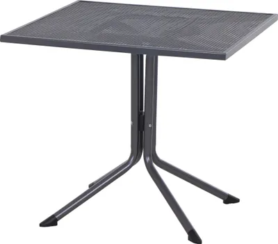A square, dark gray outdoor table with a slatted top and a four-legged base, shown against a white background.