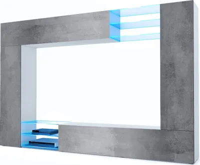 Produktbild von Vladon Wohnwand Mirage,  Germany, Anbauwand mit Rückwand mit 2 Türen, 2 Klappen und 6 offenen Glasablagen, Weiß matt/Beton Dunkel Optik, inkl. LED-Beleuchtung (262 x 183 x 39 cm)