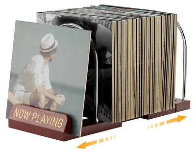 Produktbild von Omgoods – Vinyl-Regal, ausziehbar – LP-Halter für 30-70 Schallplatten – Holz- und Metallkonstruktion – rutschfest – für aktuell abgespielte Schallplatten – verstellbares Plattenregal