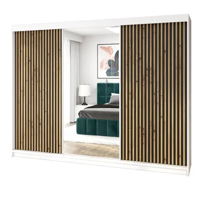 Produktbild von Schwebetürenschrank FARA 3-türig Schrank 200 cm Kleiderschrank mit 4 Schubladen, und 3D-Lamellen. Farbe: Weiß / Schwarz / Schwarz