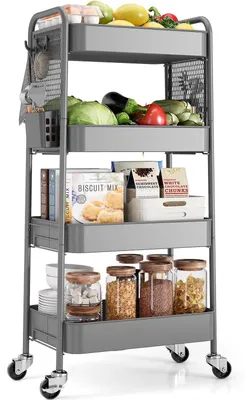 Immagine prodotto di Carrello portaoggetti a 4 ripiani, su ruote, color grigio