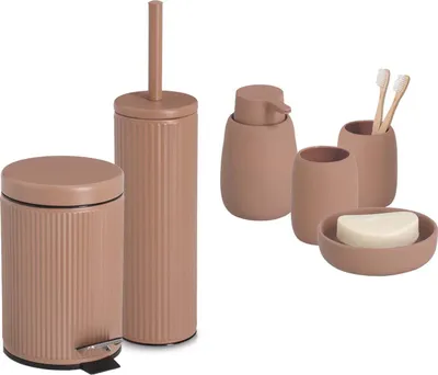 Produktbild von 6-teiliges Badezimmer-Set Keramik mocca, Badzubehör-Set besteht aus: Seifenspender, 2x Zahnputzbecher, Seifenschale & 3 Liter Kosmetikeimer