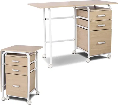Produktbild von COSTWAY Klappbarer Computertisch mit 3 Schubladen und Rollen, Schreibtisch mit Metallrahmen, platzsparender Bürotisch, Klappschreibtisch für kleine Räume, 105 x 50 x 75 cm (Natur)