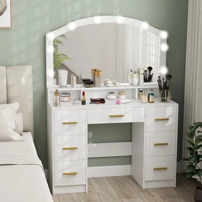 Produktbild von Schminktisch mit Spiegel und 10 LED-Hollywood-Lampen, Frisiertisch, 7 Schubladen, 3 Fächer, MDF, Weiß | 110 x 40 x 150 cm | 24,5 kg