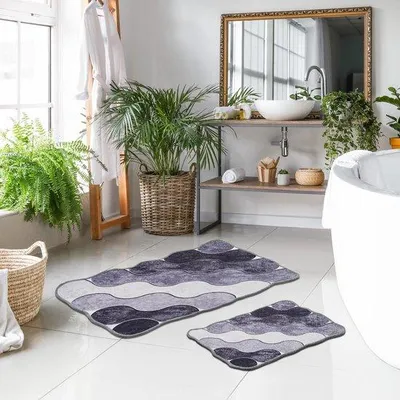 Produktbild von Unyqoos® 2‑teiliges ovales rutschfestes Badmatten-Set, 100% Polyester, hypoallergen & waschbar 30°C, Grau, 60×100 & 50×60 cm, ca. 5 mm