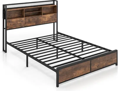 Obrázek produktu pro COSTWAY postel 160 x 200 cm, čelo s úložným prostorem, dvojlůžko, kovová postel s nabíjecí stanicí, rošt a boční kapsy, rám postele bez matrace
