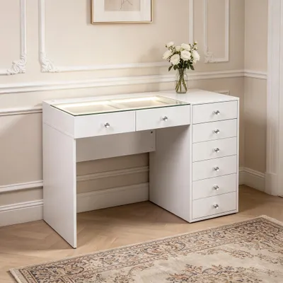 Image de VANITII Coiffeuse avec Plateau en Verre et Éclairage LED, Coiffeuse pour Chambre à Coucher, 8 Tiroirs, 120×55×81 cm, Blanc